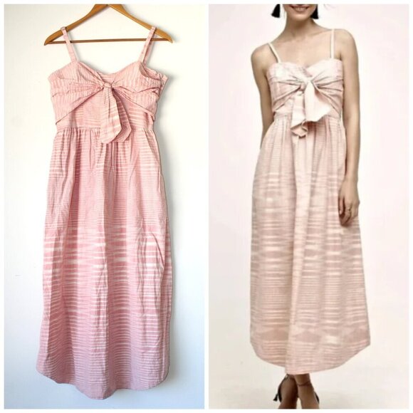 Anthropologie Whit Two Pink Midi dress Striped Twist Knot Cotton Neck Size 4P - Picture 1 of 11